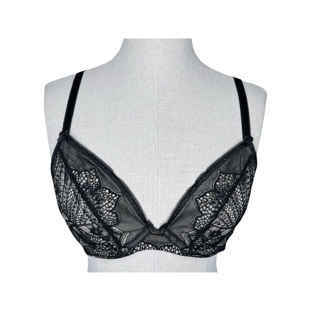 Wacoal Take The Plunge Underwire Bra sz 34B * Lace Unlined Black Beige Sheer